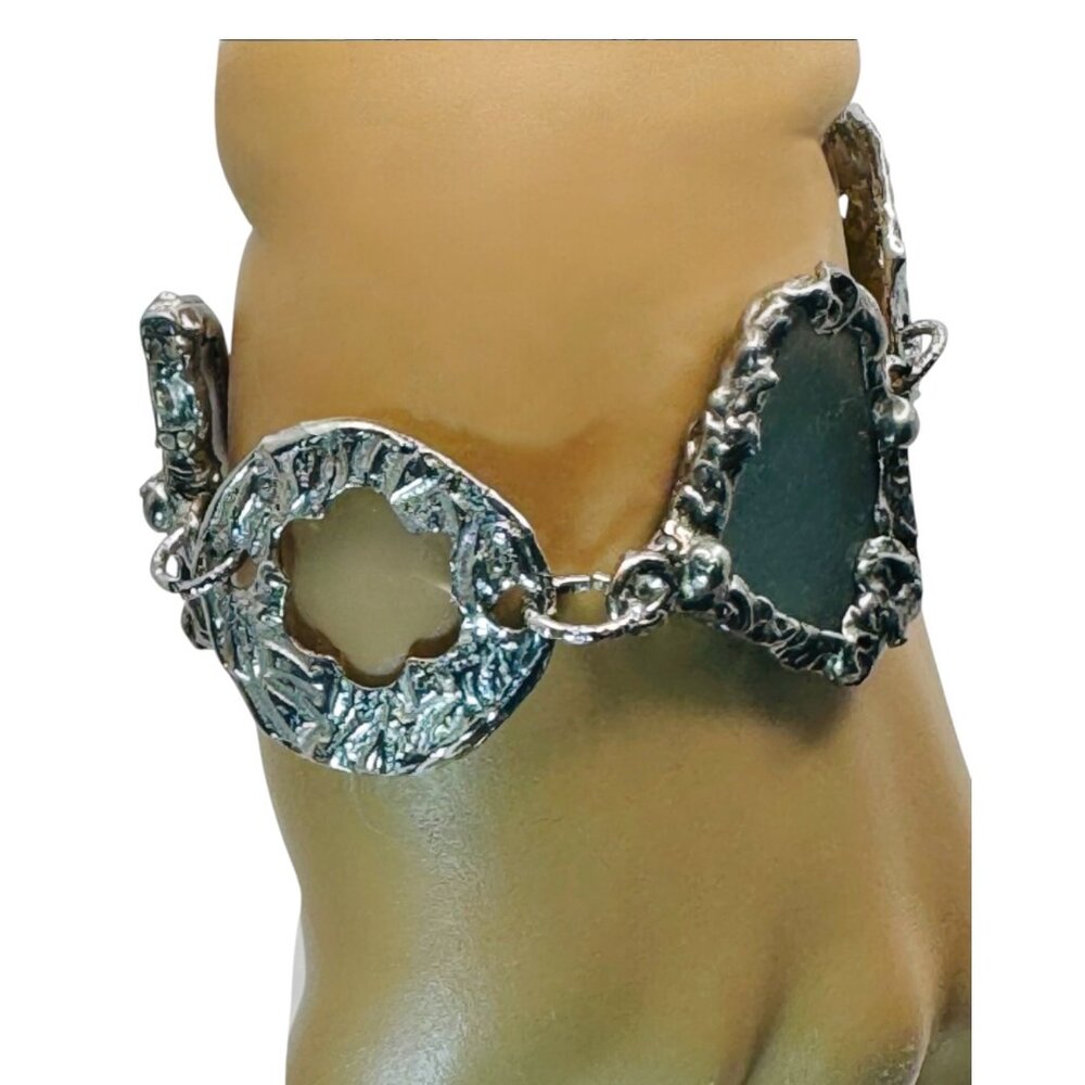 Sea Glass & Silver Cutout Bracelet - Boho Metalwork Adjustable Closure - Picture 8 of 16